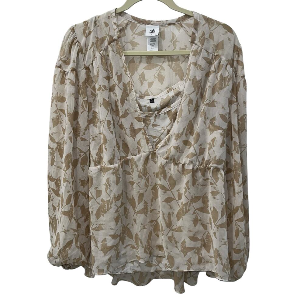 Cabi Sheer Beige Leaf Print Two Piece Peasant Blouse & Tank Set Size Large